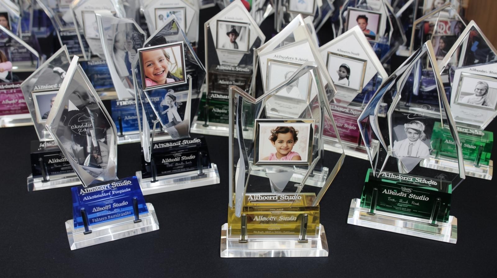 Collection of personalized photo awards with various colorful bases on display at an event.
