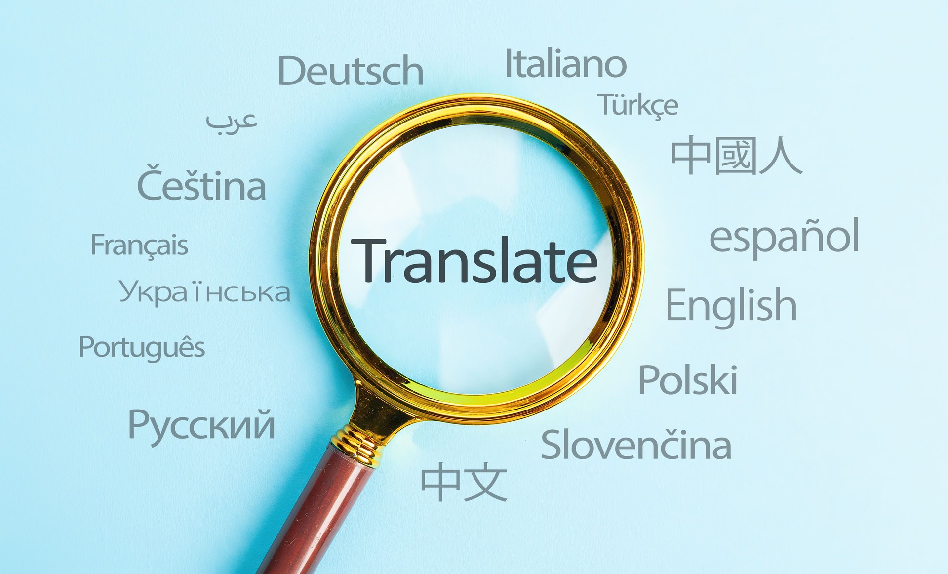 Translate text, International language translation search concept with magnifying glass. Concept of online translation from foreign language