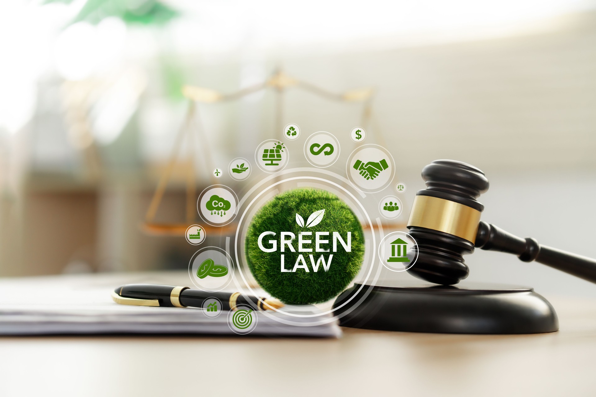 Green law concept. international environmental law Climate or environmental justice Law on green forest conservation economy. Icon on green ball complete with legal hammer